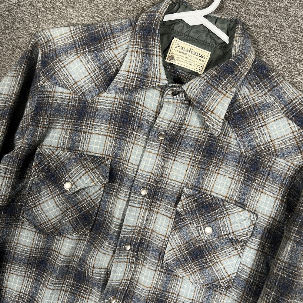 Vintage Pendleton Shirt Womens Large Blue Gray Plaid Wool Western Pearl Snap 70s